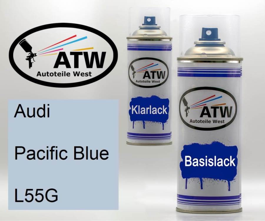 Audi, Pacific Blue, L55G: 400ml Sprühdose + 400ml Klarlack - Set, von ATW Autoteile West.